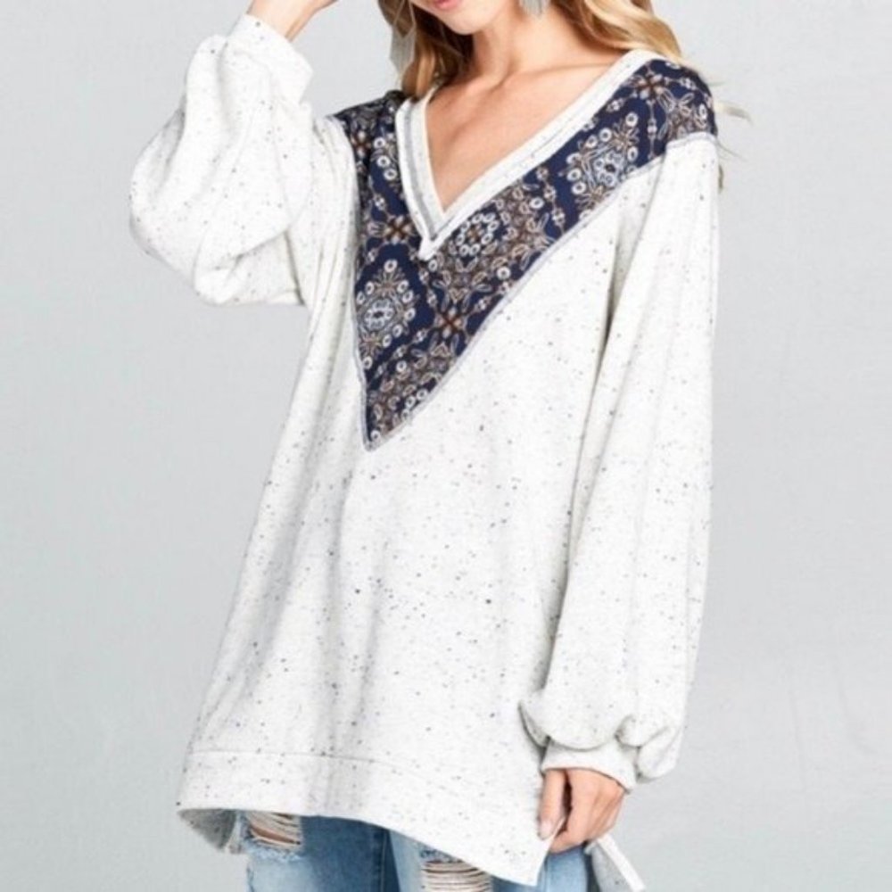 NWT Hummingbird Chevron Hacci Brushed Knit Top Colorblock Pullover Women's Large